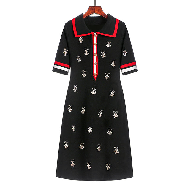 2023 Spring Summer Knit Cartoon Embroidered Polo Dress Woman Plus Size Black Casual Knee-length Straight Dresses Female