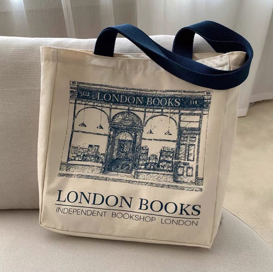 Women Canvas Shoulder Bag London Books Print Ladies Casual Handbag Tote Bag Reusable Large Capacity Cotton Shopping Beach Bag