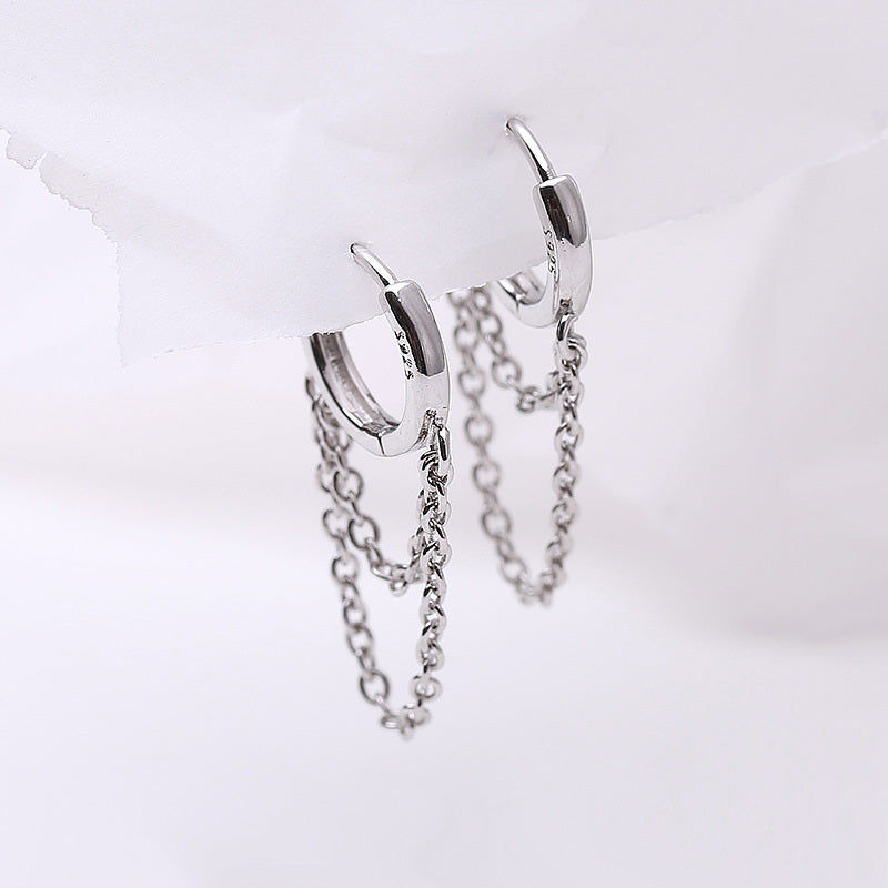 Silver Colour Double Layer Chain Tassel Hoop Earrings For Women INS Popular Cold Style Women Fashion Jewelry 2024 New